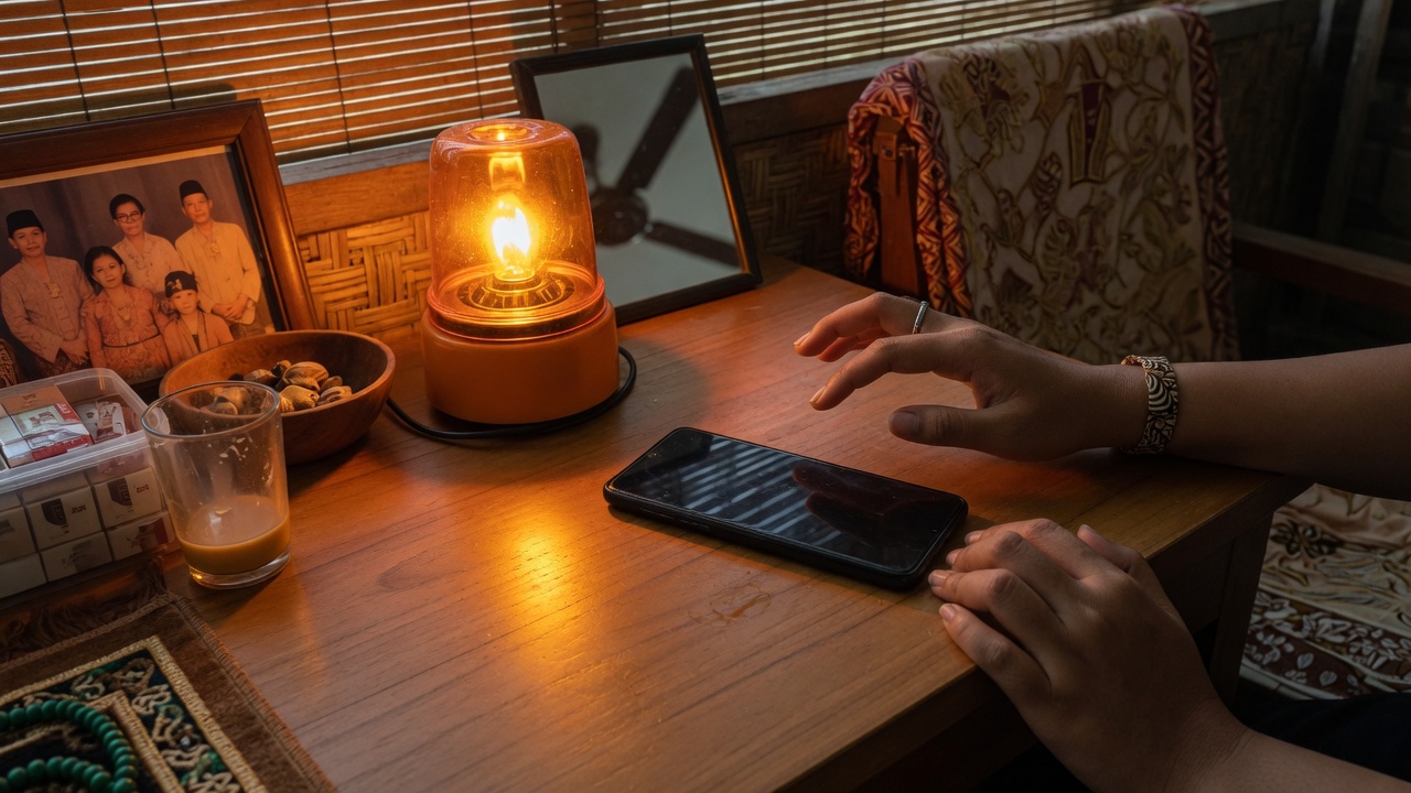 Tangan ragu di atas ponsel di meja dengan lampu hangat