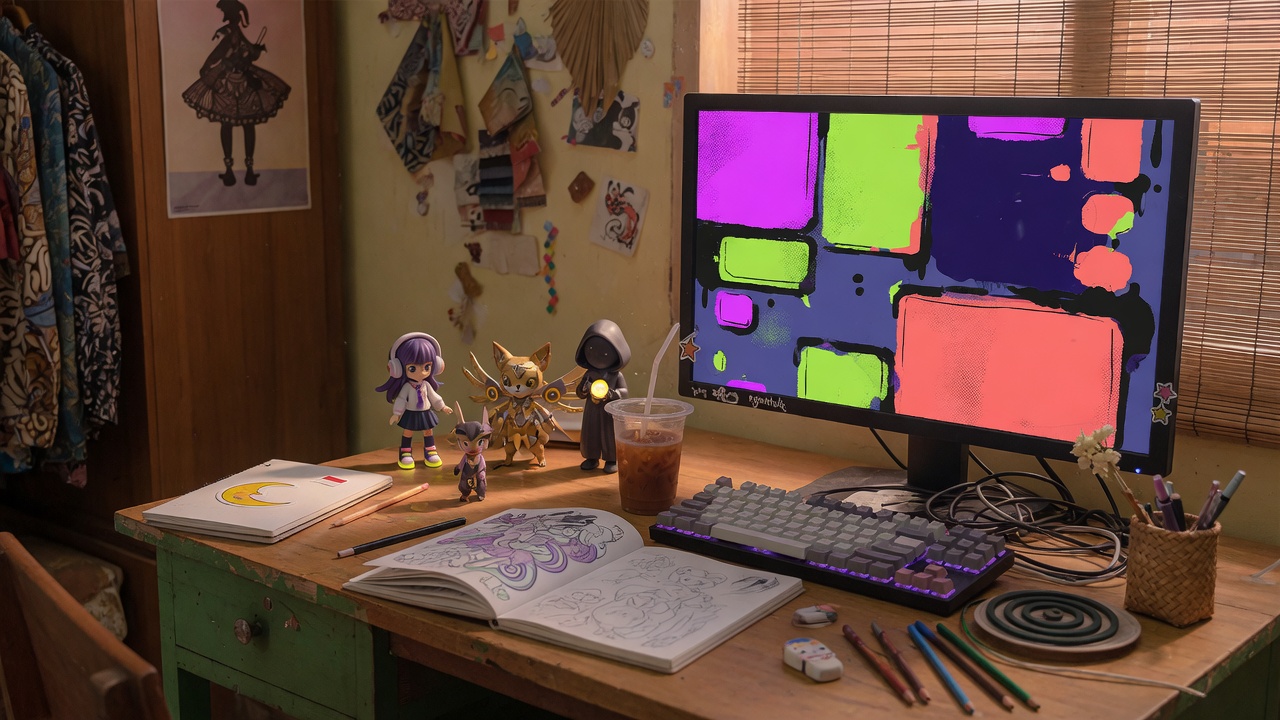 Meja belajar dengan monitor berwarna dan sketsa anime